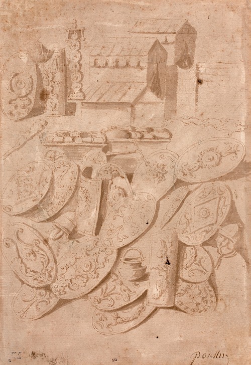 Etude de tentes, casques, boucliers, chaudron et autres objets d’après la colonne Trajane