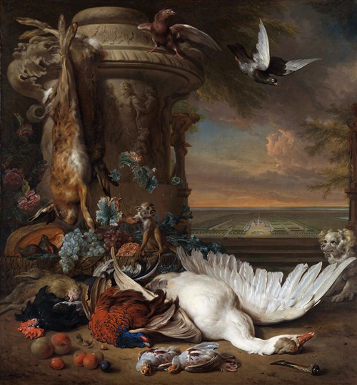 Hunting and Fruit Still Life next to a Garden Vase, with a Monkey, Dog and two Doves