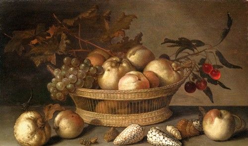 A Basket With Cherries, Apples, Peaches And A Bunch Of Grapes, Surrounded By Apples, Peaches, Shells, Bees And A Dragonfly