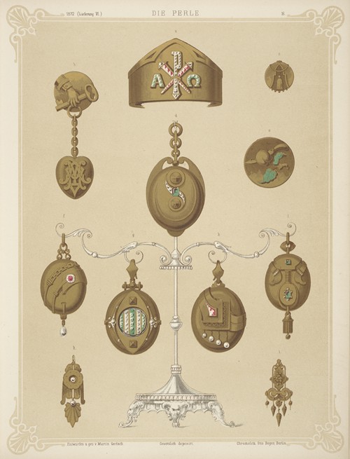 Eleven Designs For Jewelry, Including Some Gold Brooches Displayed On Wrought Silver Stand. (1872 - 1873)
