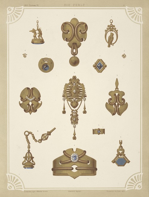 Fourteen Designs For Jewelry, Including Gold Brooches And Pins Containing Blue Stones. (1872 - 1873)
