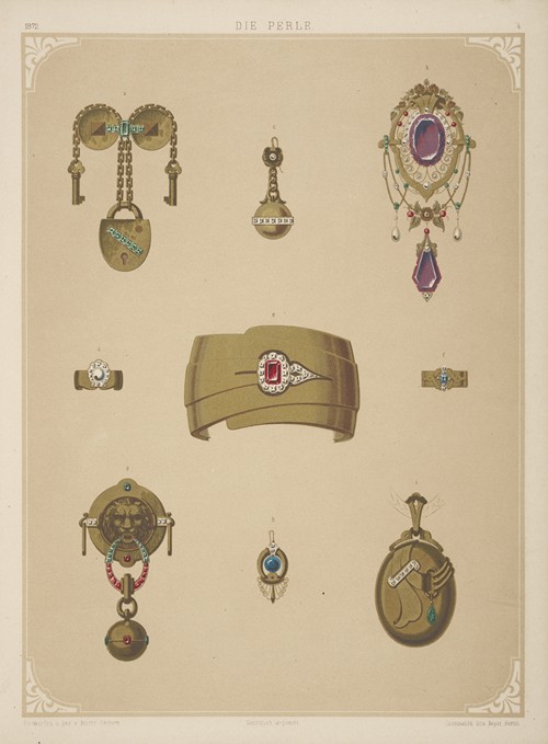Nine Designs For Jewelry, Including Gold Bracelet With Red Stone. (1872 - 1873)