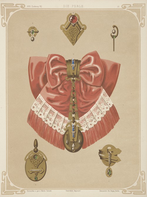 Six Designs For Jewelry, Including Gold Brooch And Pendant With Pink And Lace Bow. (1872 - 1873)