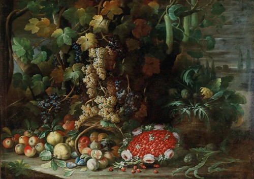 An overturned basket of fruit, flowers and vegetables with a strawberry-filled garland in a villa garden