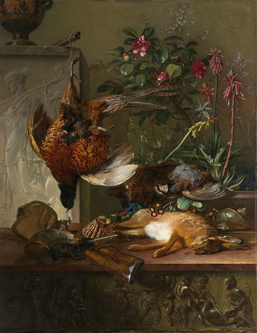 Stilleven met jachtbuit en Griekse stèle; allegorie op de herfst
