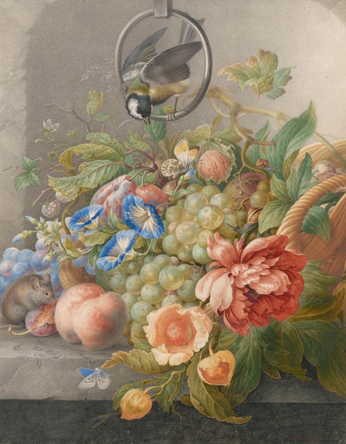 Stilleven met bloemen, vruchten, een koolmees en een muis