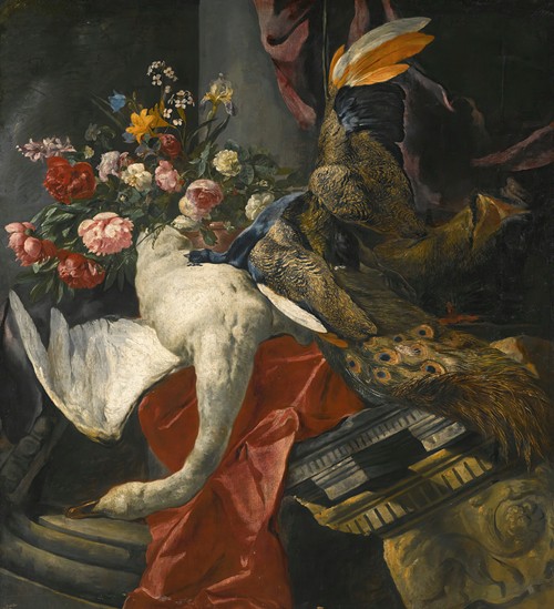 Still Life Of Peonies, Roses And Other Flowers In A Terracotta Vase, Together With A Swan, Peacock And Boar’s Head, Resting On A Red Drape And An Antique Architectural Fragment