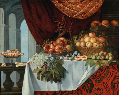 Pomegranates on a dish, peaches in a basket, figs and plums and grapes on a table