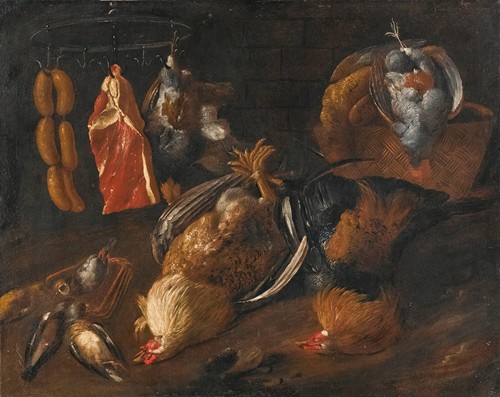 A Still Life With Game And Meats Hanging On A Rail With Other Birds In A Basket And On The Ground (17th Century)