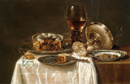 Olives in a blue and white porcelain bowl, a roemer, wine glasses, an overturned silver tazza and a meat-pie