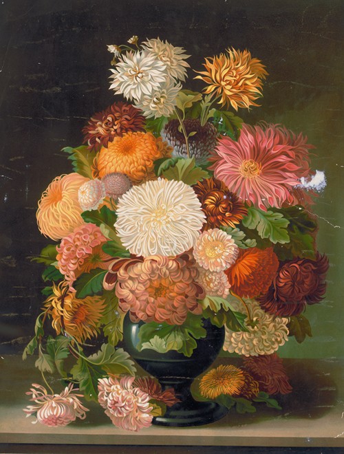 Red, orange, white, and pink flowers in a black vase (1890)