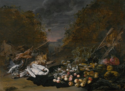 A still life of a swan and other birds, with rabbits, fruit and vegetables and a landscape beyond