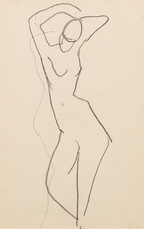 Esquisse de femme nue debout de face, bras au-dessus de la tête