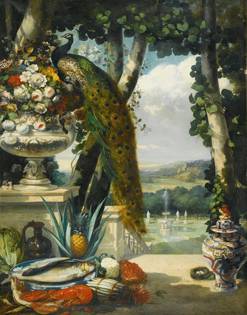 Still life with peacock, flowers, fruit and japanese vase, an extensive park landscape beyond (1837)