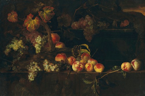 Grapes and peaches in a wicker basket with other fruit on a ledge, a landscape beyond