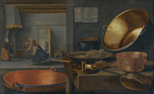 A Kitchen Still Life With Pots And Pans On A Stone Ledge And Animated Figures In The Background