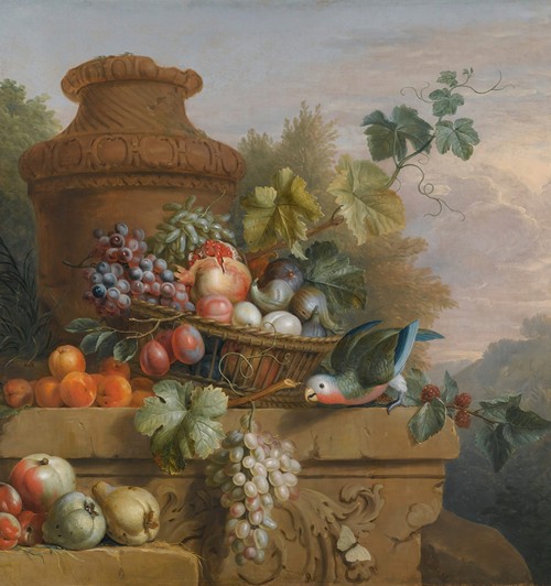 Still Life With A Basket Of Fruit, A Parrot And An Urn On A Carved Stone Ledge
