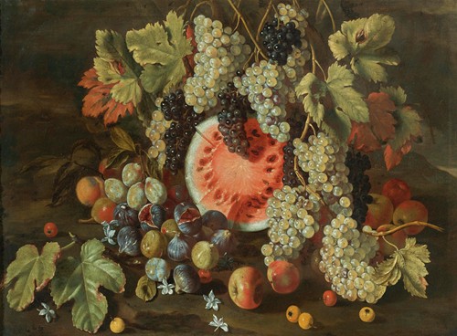 Still Life In A Landscape, With Grapes, Watermelons, Figs And Apples