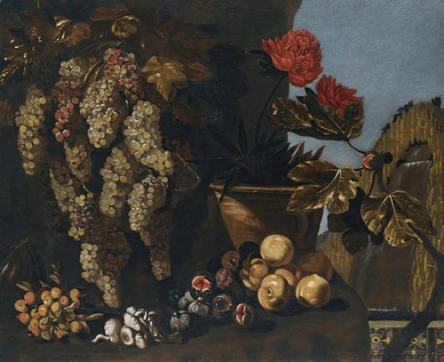 Still Life With Hanging Grapes On The Vine, Figs And Fungi In A Garden Setting