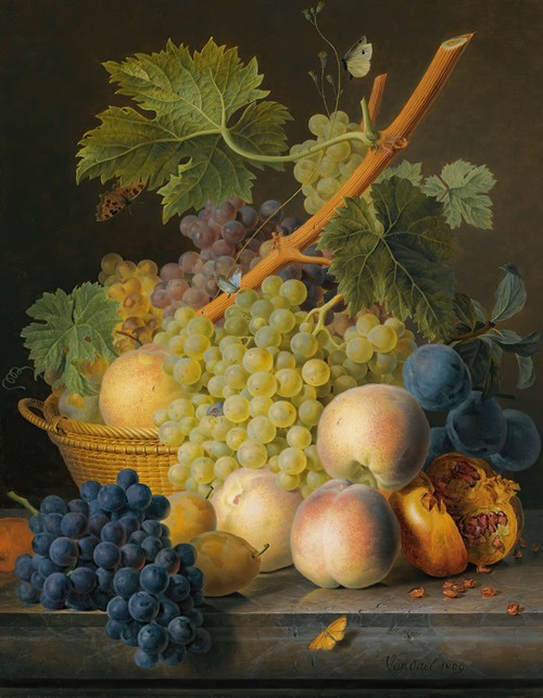 A Still Life With Grapes And Peaches In A Basket, An Open Pomegranate, Plums, Black Grapes And More Peaches, All On A Marble Ledge (1809)