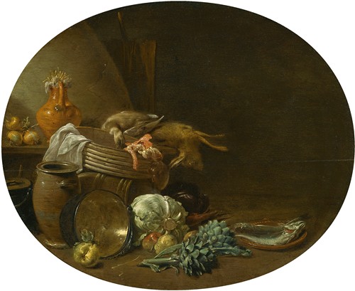 A Kitchen Still Life Of A Hare, A Mallard, Artichokes, Cabbage, Pears, A Fish On An Earthenware Platter, And Pots And Pans