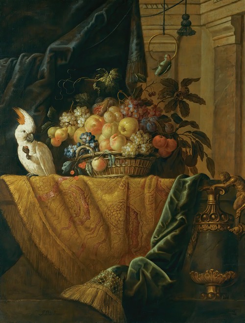 A Still Life With A Basket Of Fruit And A Parakeet Upon A Ledge Draped With A Damask Beside An Ormolu Mounted Porphyry Vase