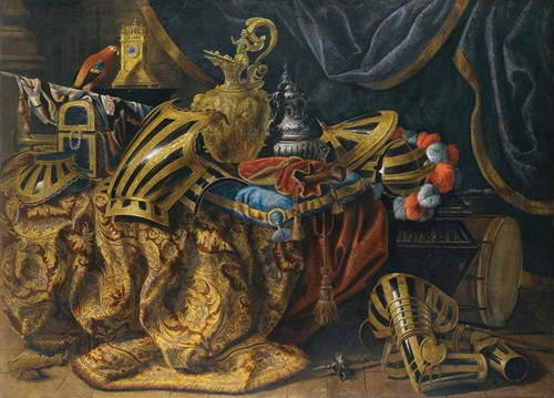 Pieces Of Parade Armour, A Plumed Helmet, A Pistol In A Case, A Gilt Ewer, A Silver Perfume Burner, A Jewellery Box, A Trumpet And A Flag On A Cassone