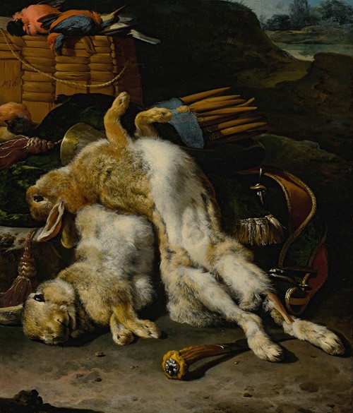A Brace Of Rabbits And Small Birds With Hunting Equipment In A Landscape