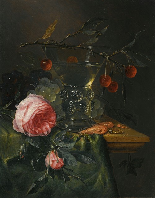 A Still Life With A Cherry Branch Over A Half-Full Conical Roemer, Red And Green Grapes