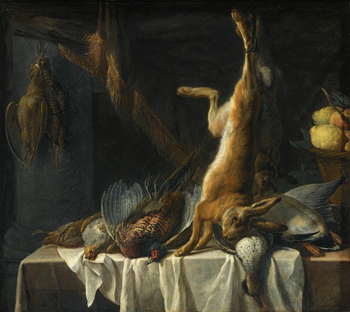 A Still Life With A Dead Hare, A Duck, A Pheasant And Poultry On A Table Draped With A White Cloth, Together With A Basket With Fruit