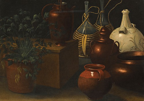 A Still Life With Two Wicker Covered Glass Bottles, A Jug, A Selection Of Other Pots And An Herbaceous Plant
