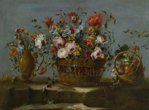 Still Life Of A Basket Of Flowers On A Rock Ledge,
