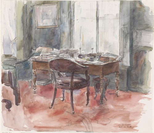 Het bureau in de studeerkamer van meneer S. van Houten, in het huis aan de Riouwstraat 6, te Den Haag