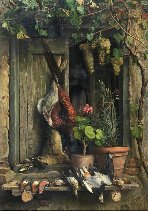 Still Life with Birds, a Hare, Carnations and Geraniums in a Pot under a Vine