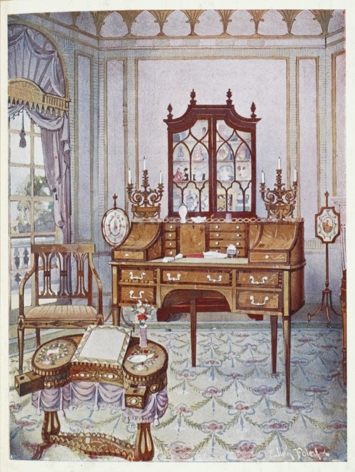 Inlaid mahogany cylinder-fall china and book case, D-shaped satinwood drawing and writing table (1910 - 1911)