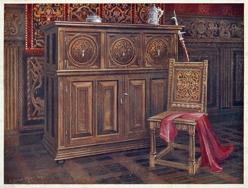 Oak cabinet, with circular convex panels, Walnut chair (chaise sans bras), with interlaced floral ornament on the back