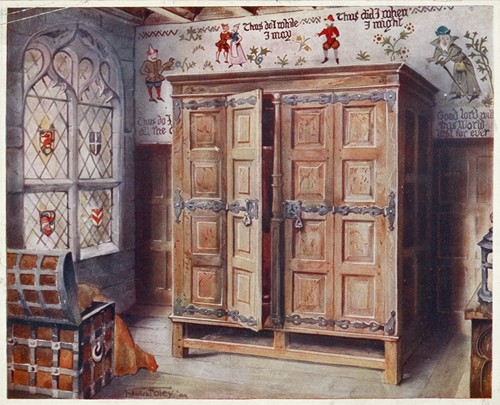 Oak press, Strangers’ Hall, Norwich. Wall fresco painting, West Stowe, ca. 1550.
