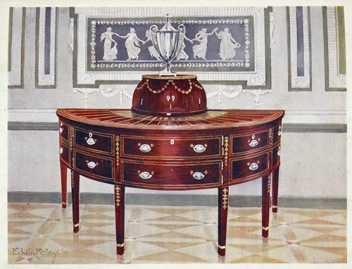 Semi-circular mahogany sideboard and knife-box. Inlaid and banded with satinwood, mahogany, and ebony