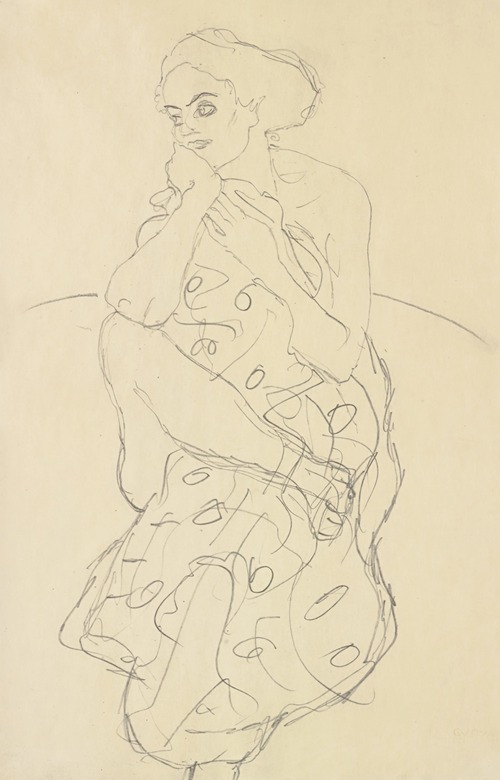 Sitzender Halbakt von vorne, den Kopf nach links gewendet (Seated Semi-Nude Seen Head-on with Her Head Turned to the Left)