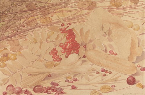 Still Life with Gooseberries, Raspberries, Red Currants, Spring Onions, a Gherkin and Foliage