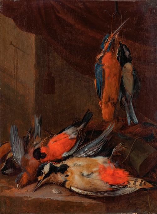A hunting still life with various songbirds