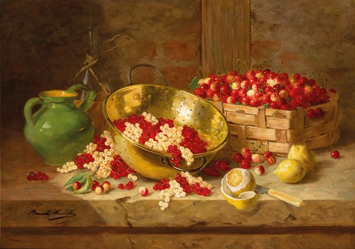 Nature morte aux cerises Napoléon, groseilles et citrons sur un entablement