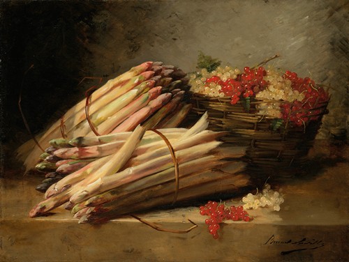 Nature morte aux asperges et groseilles sur un entablement de pierre