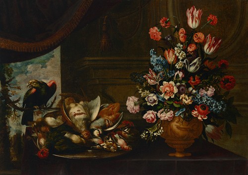 A silver charger with fowl and a terracotta vase with various flowers on a table, with a parrot and a curtain, a landscape beyond
