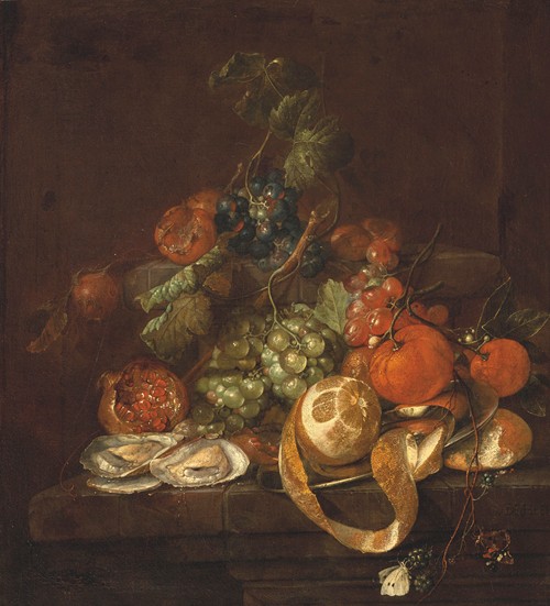Nature morte aux citrons, huitres, raisins et papillons sur un entablement