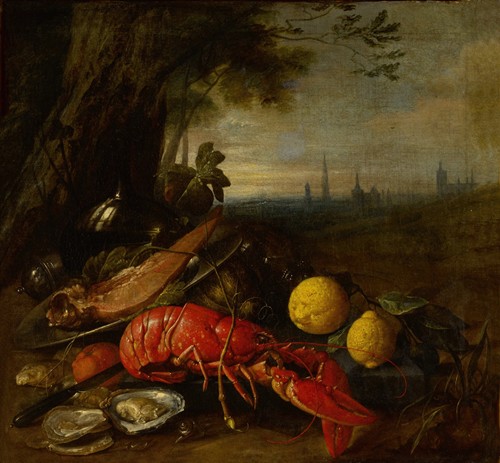 Still life of a lobster, oysters and lemons beneath a tree, with a view of Brussels beyond