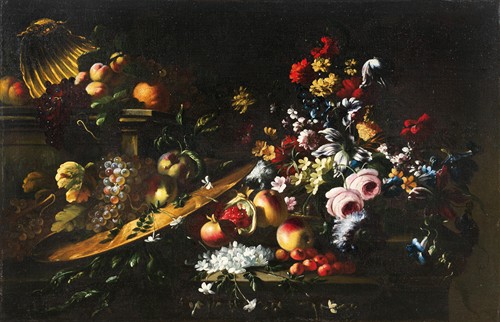 Carnations, roses, jasmine and other flowers with fruit on golden plates
