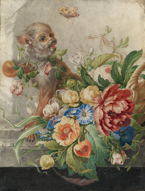 A basket with flowers in a stone niche, with a monkey and a butterfly