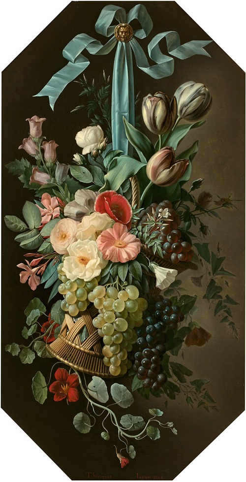 Corbeille de fruits et de fleurs suspendue à un ruban