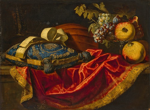 A mandolin with a book of music on a blue and gold cushion, with fruit on a partially draped ledge